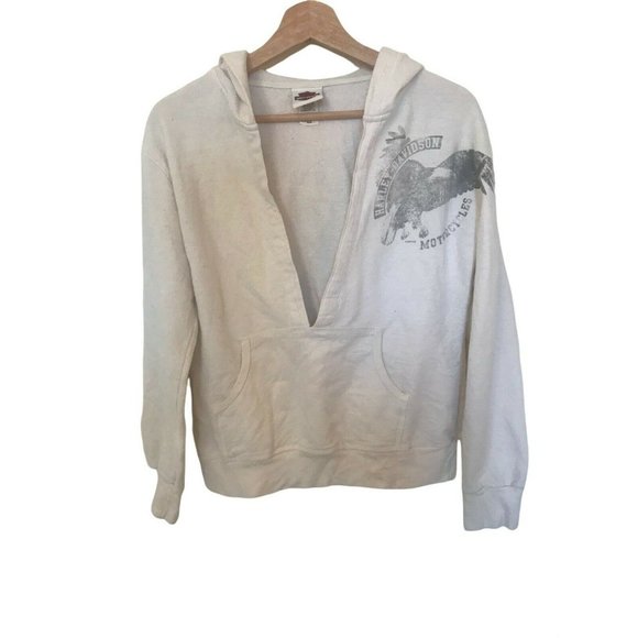 Harley Davidson White Sweatshirt Pullover Hoodie Deep V-Neck Women's Medium Gray - Picture 1 of 6